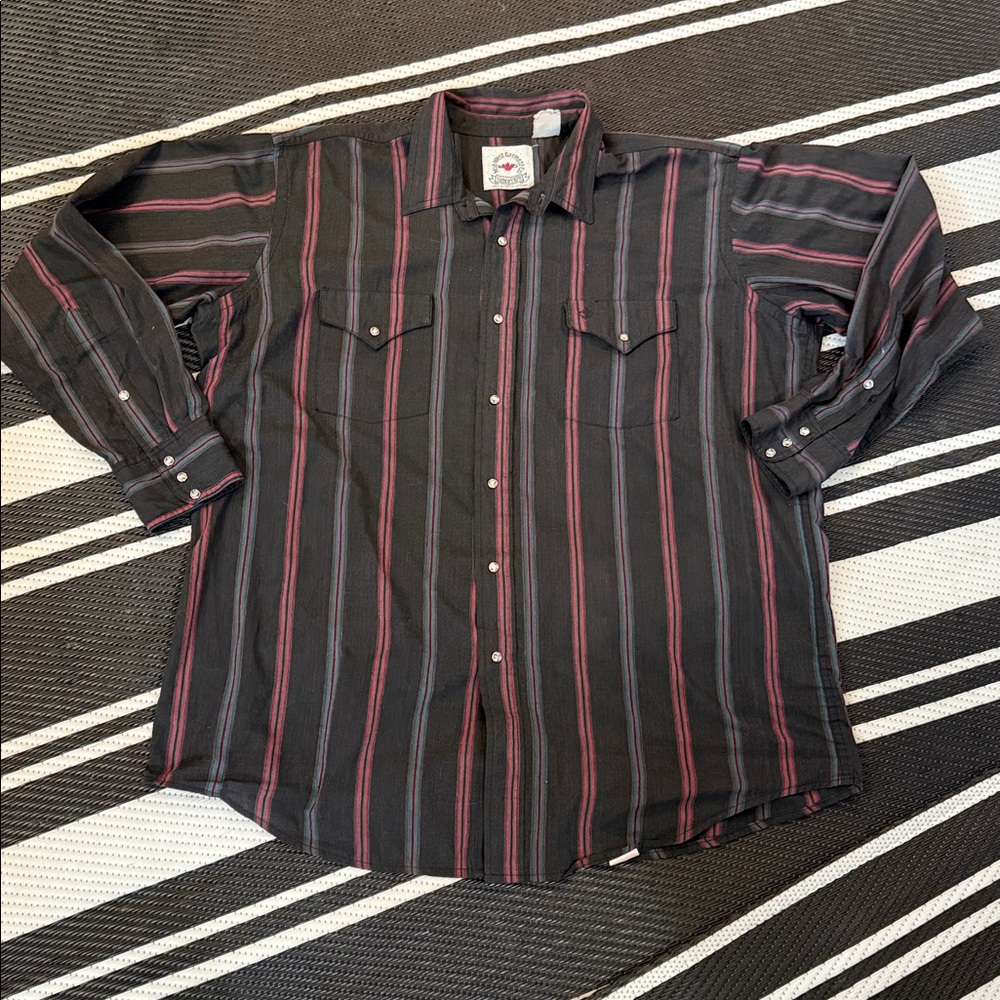VTG 80s Mid-west garment Co, western pearl snap button up, pinstripe Mens XL